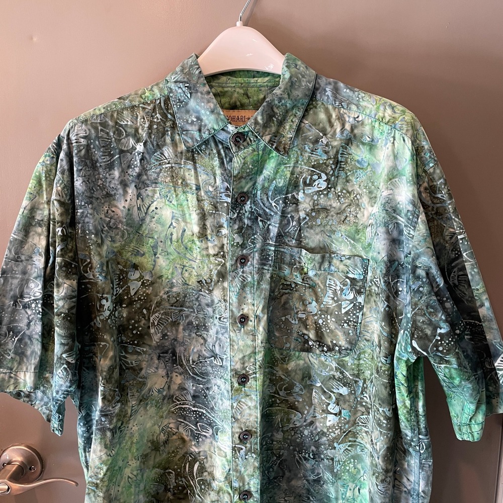 Johari West Mens XLT Batik Fish Trout Print Cotton Short Sleeve Button Up Shirt